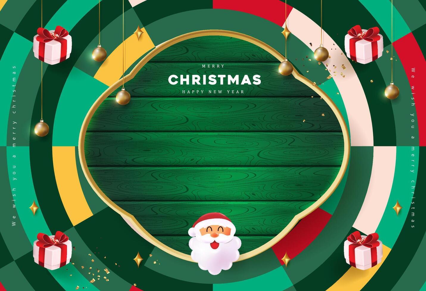 Merry Christmas sign banner green wood frame with empty space and festive decoration on abstract background vector