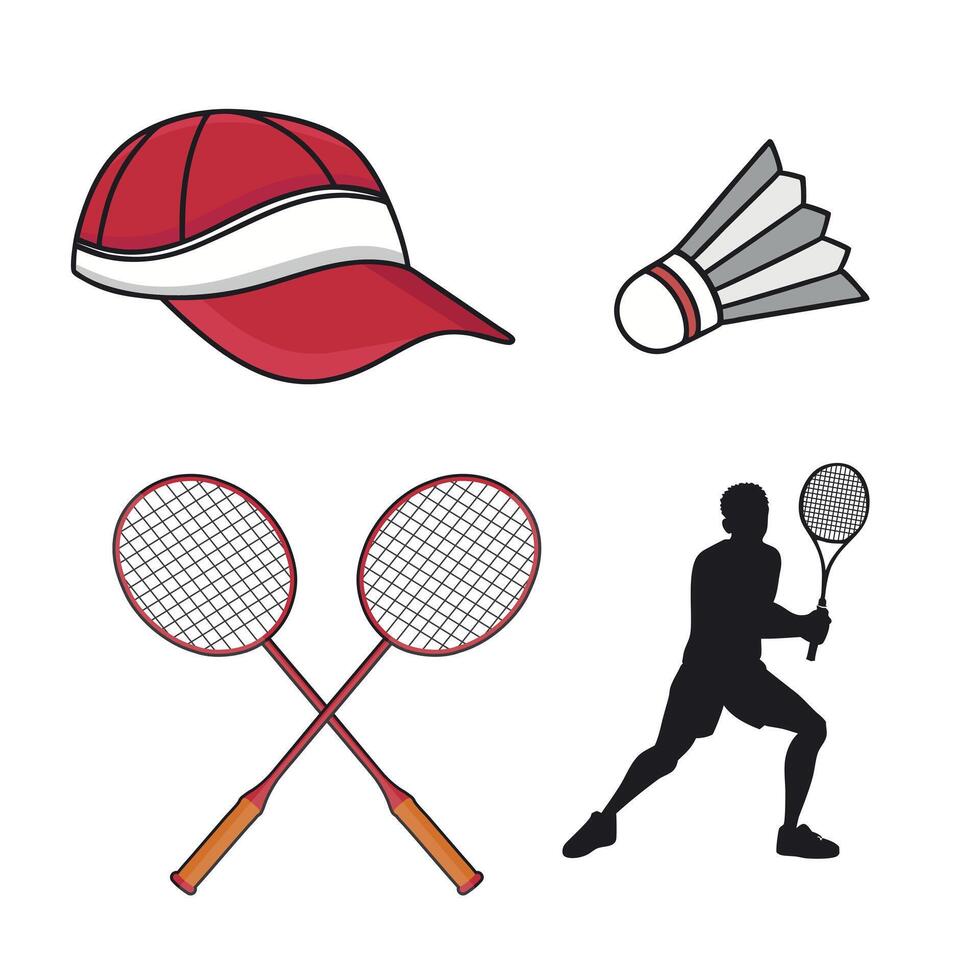 Badminton icon set with racquets, cap and shuttlecock vector