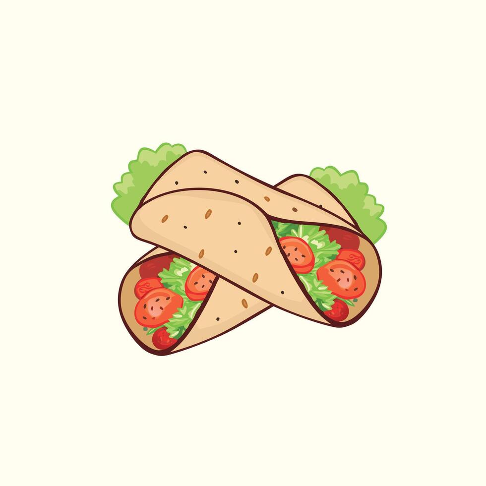 A cartoon illustration of a burrito with lettuce and tomatoes vector