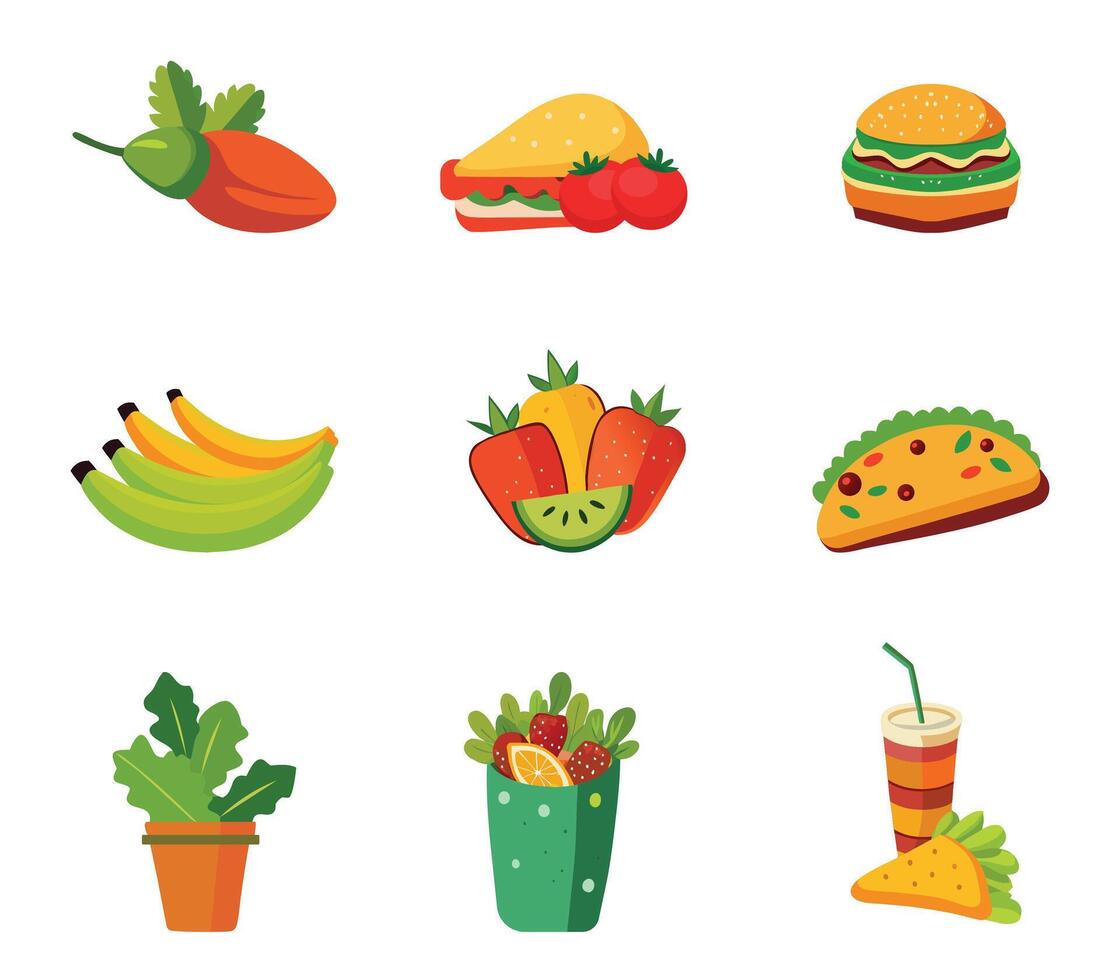 A set of flat icons of food and drinks vector
