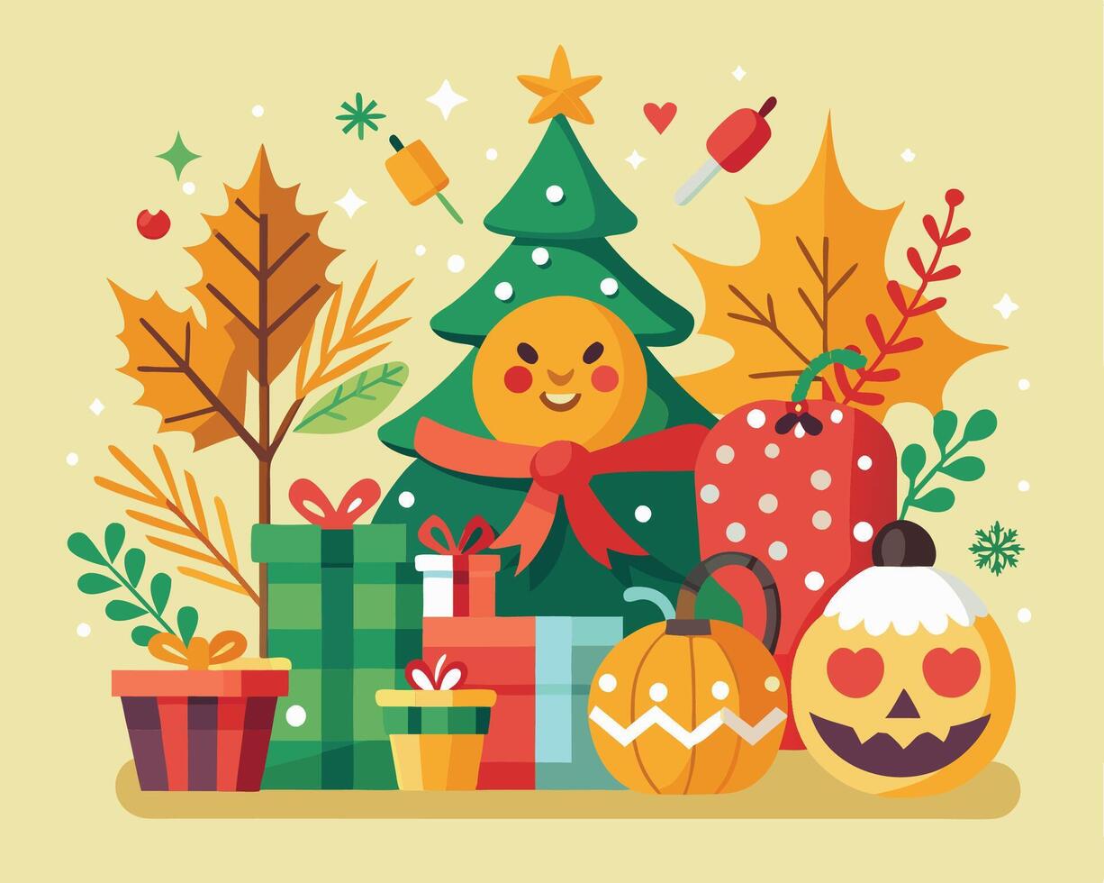 A christmas card with a pumpkin, tree, and presents vector