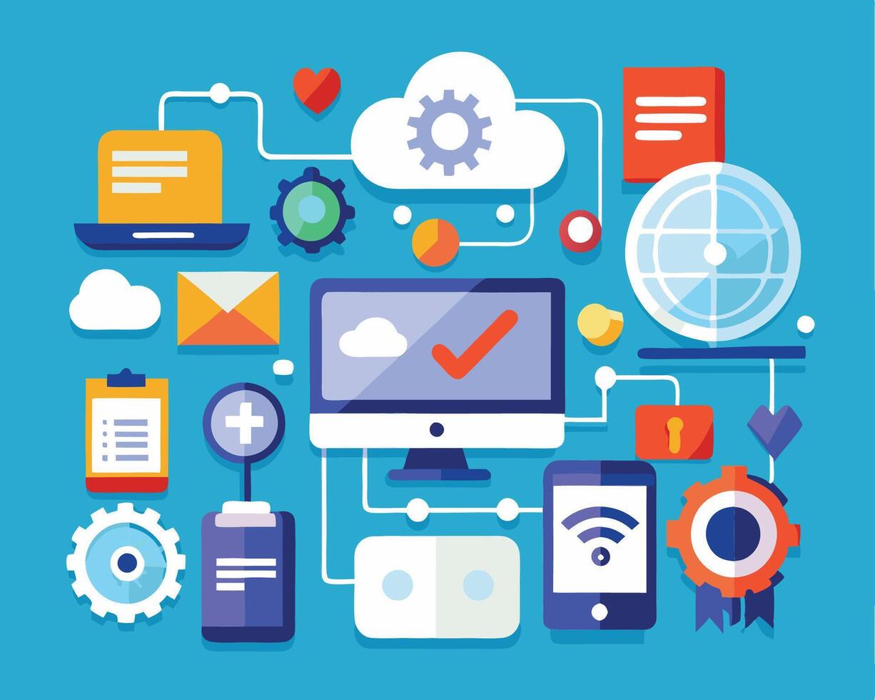 The concept of cloud computing is shown with icons vector