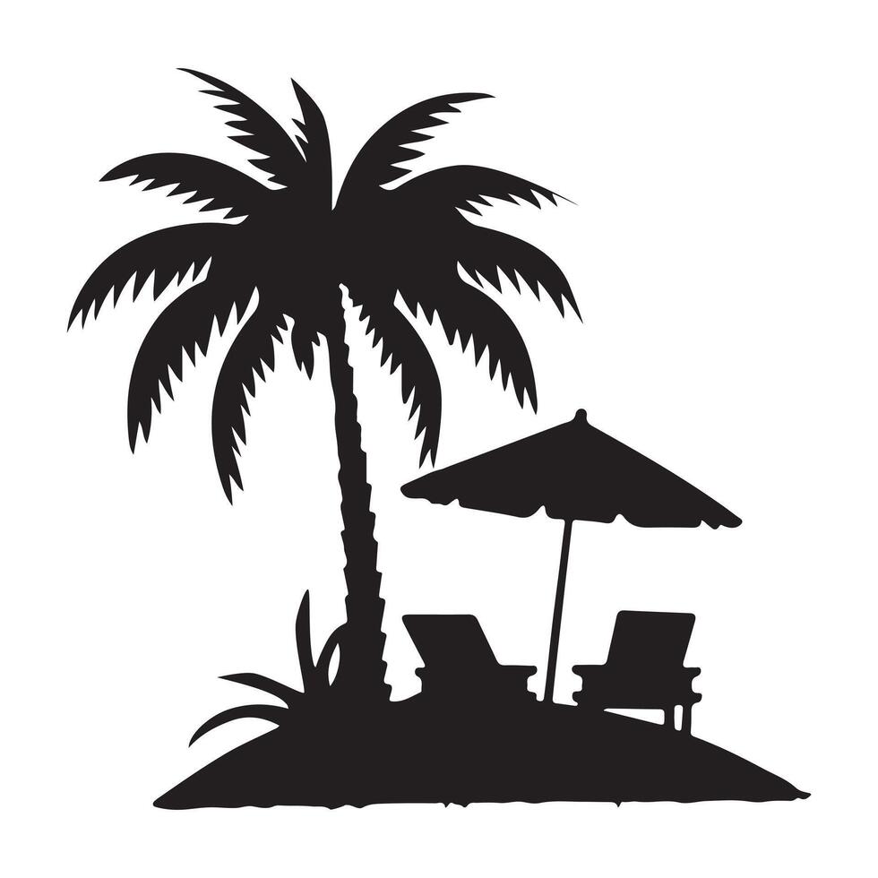 Silhouette of Palm Trees on a Beach with Chair and Umbrella vector