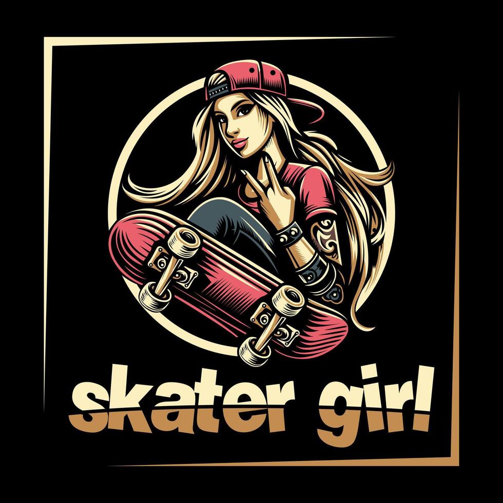skater girl with a skateboard in the background vector