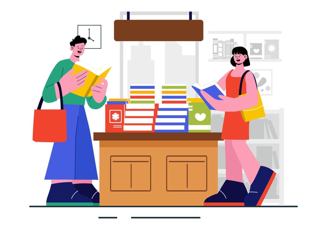 School Library Illustration with Bookshelves, Tables, and Education Themes vector