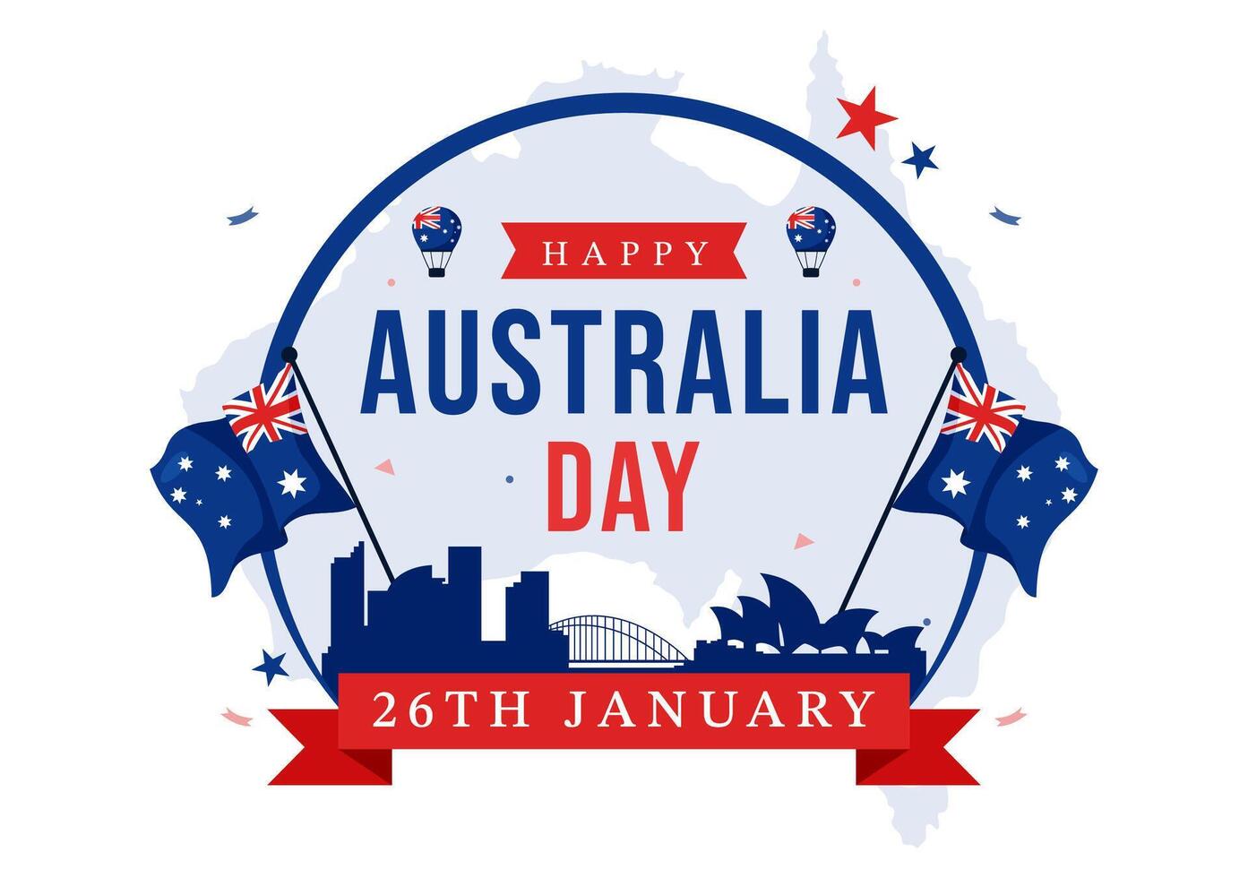 Flat Cartoon Illustration for Australia Day on 26 January with a Waving Flag and National Map vector
