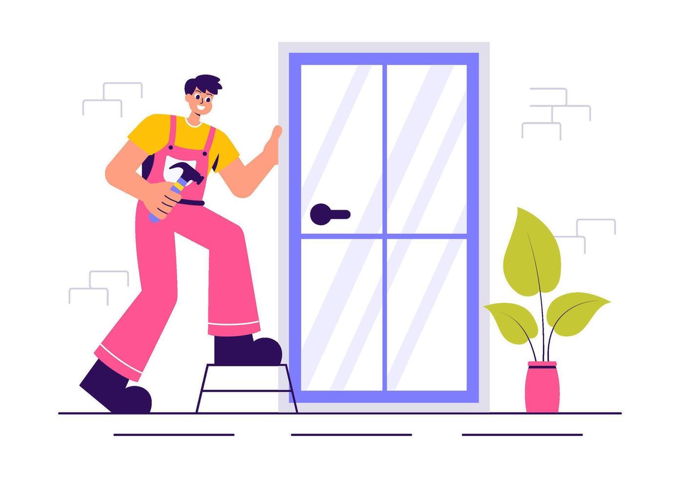 Windows and Doors Installation Worker Illustration for Home Improvement Projects vector