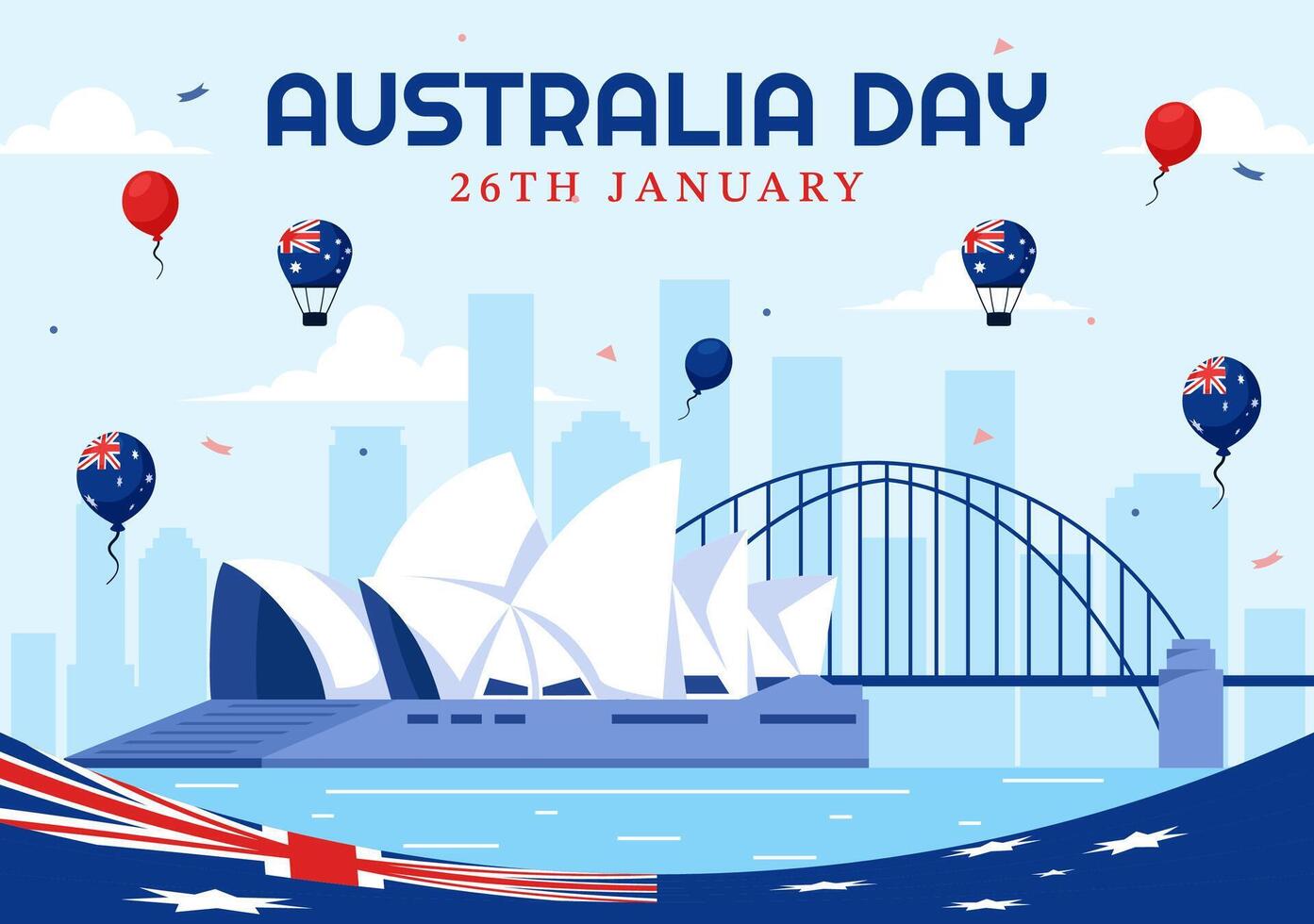 Flat Style Cartoon Background for Australia Day Featuring National Symbols on 26 January vector