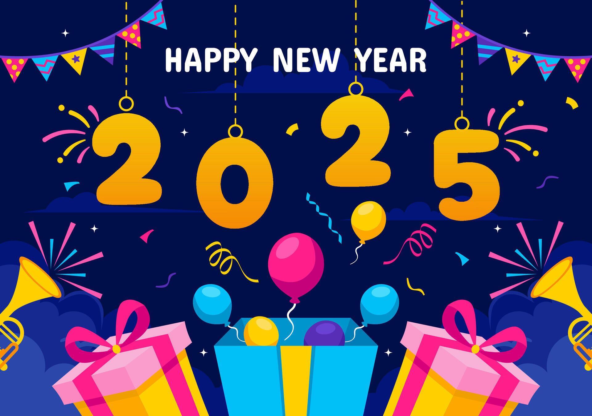Celebration of New Year 2025 Art with Confetti, Trumpets, and Colorful Ribbons in a Flat Cartoon