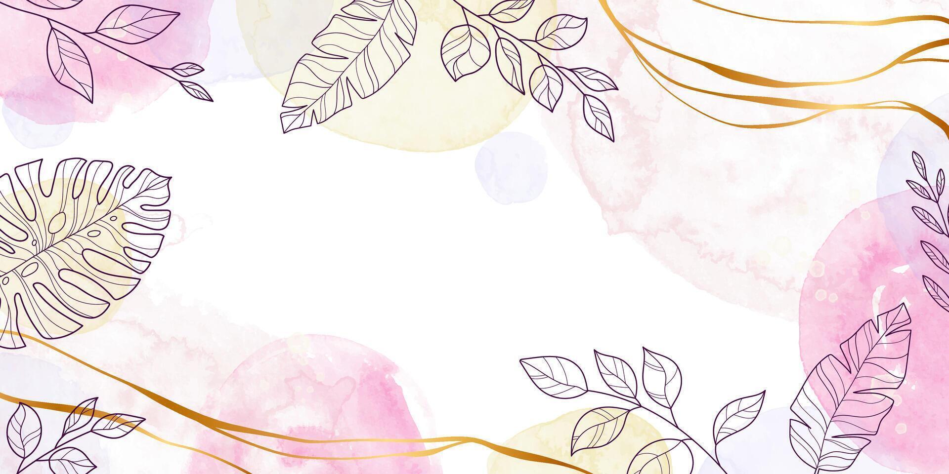 Floral Background with Watercolor Splashes Drops and Golden Lines. Elegant abstract foliage design with hand painted watercolor texture vector