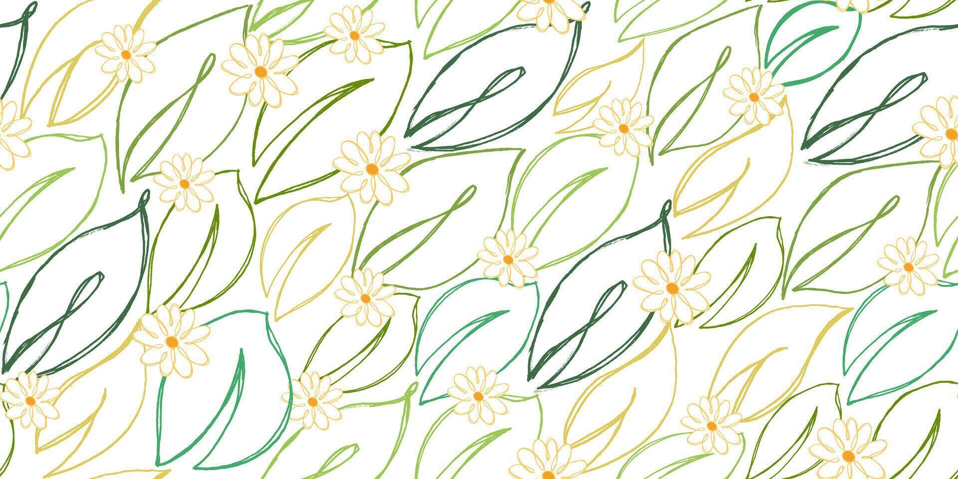 Doodle Seamless Pattern with Leaves and Flowers. Retro plants drawn with pencil. Artistic sketch of vegetation. vector