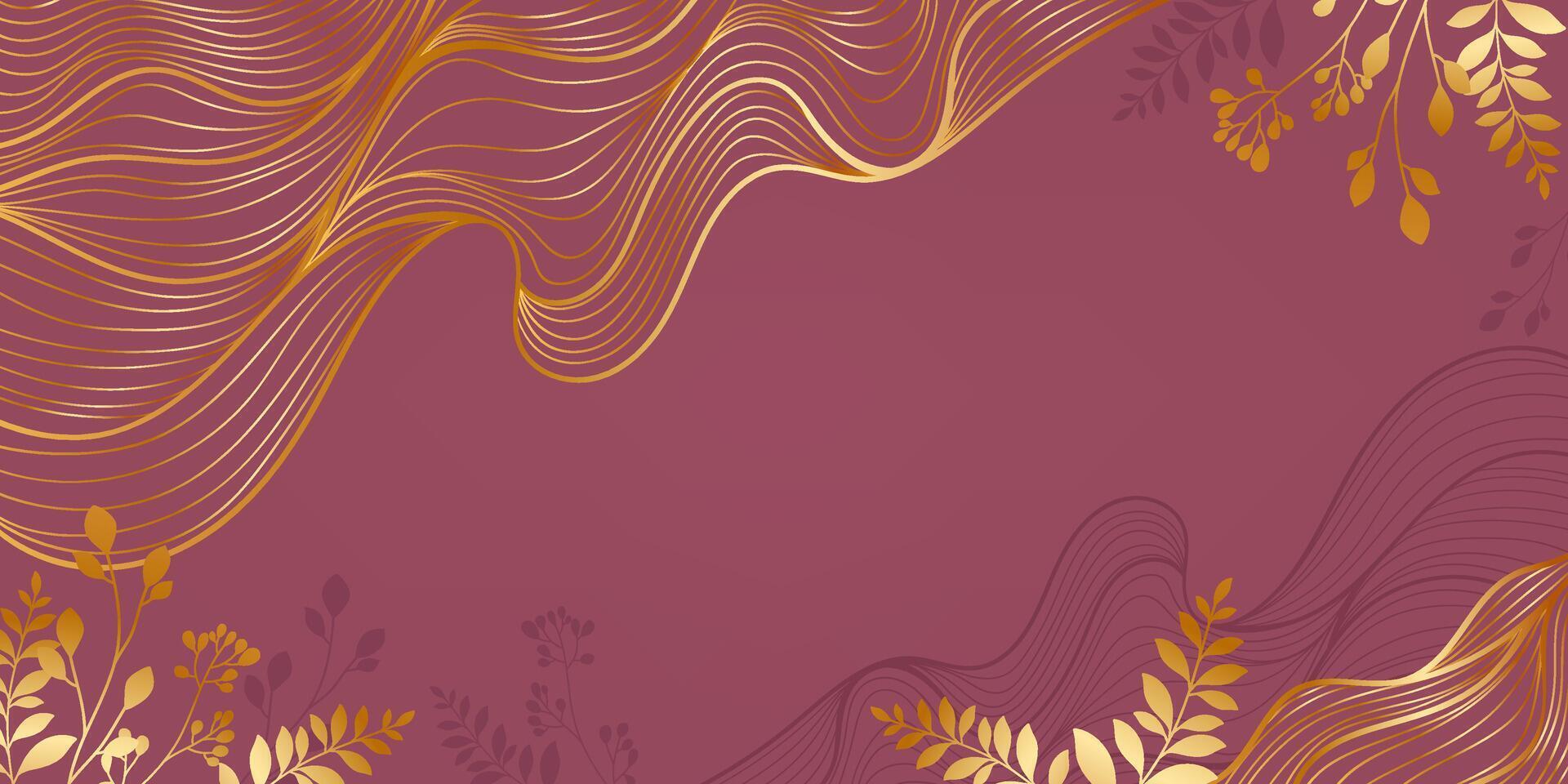 Abstract Elegant Background with Gold Line Waves and Botanical Branches. Japanese banner with golden sea waves with plants and leaves. Wedding card vector
