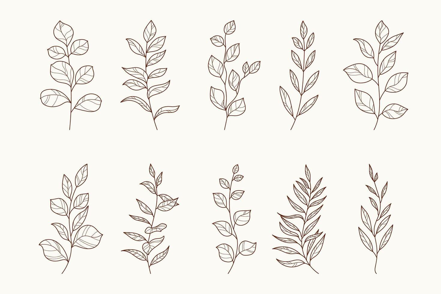 Outline Branches Silhouettes in Hand Drawn Style. Floral herbs isolated on white background. Botanical plants with leaves. Simple black ink greenery vector