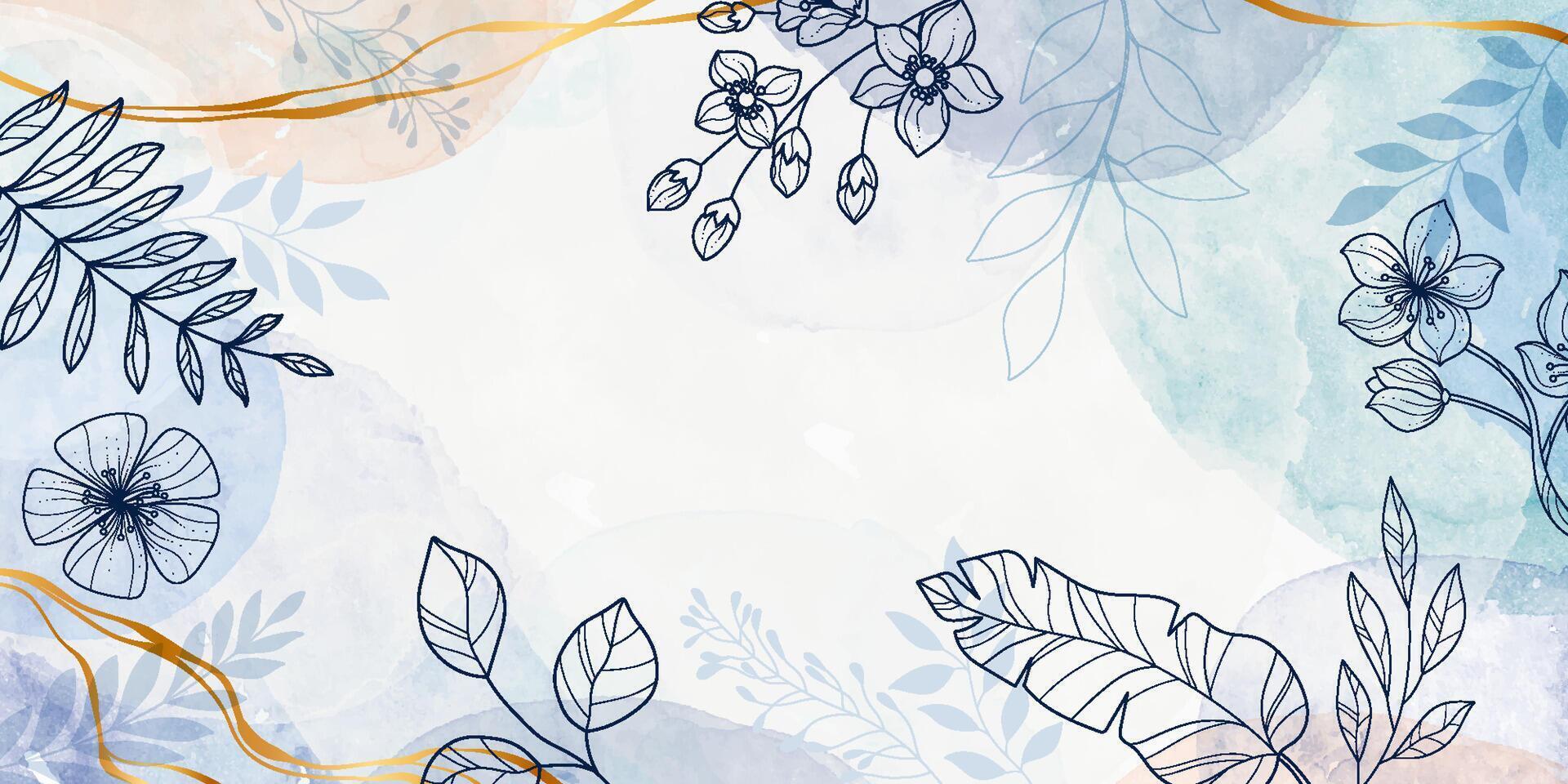 Floral Background with Blue Watercolor Splashes and Drops. Elegant abstract foliage design with hand painted watercolor texture vector