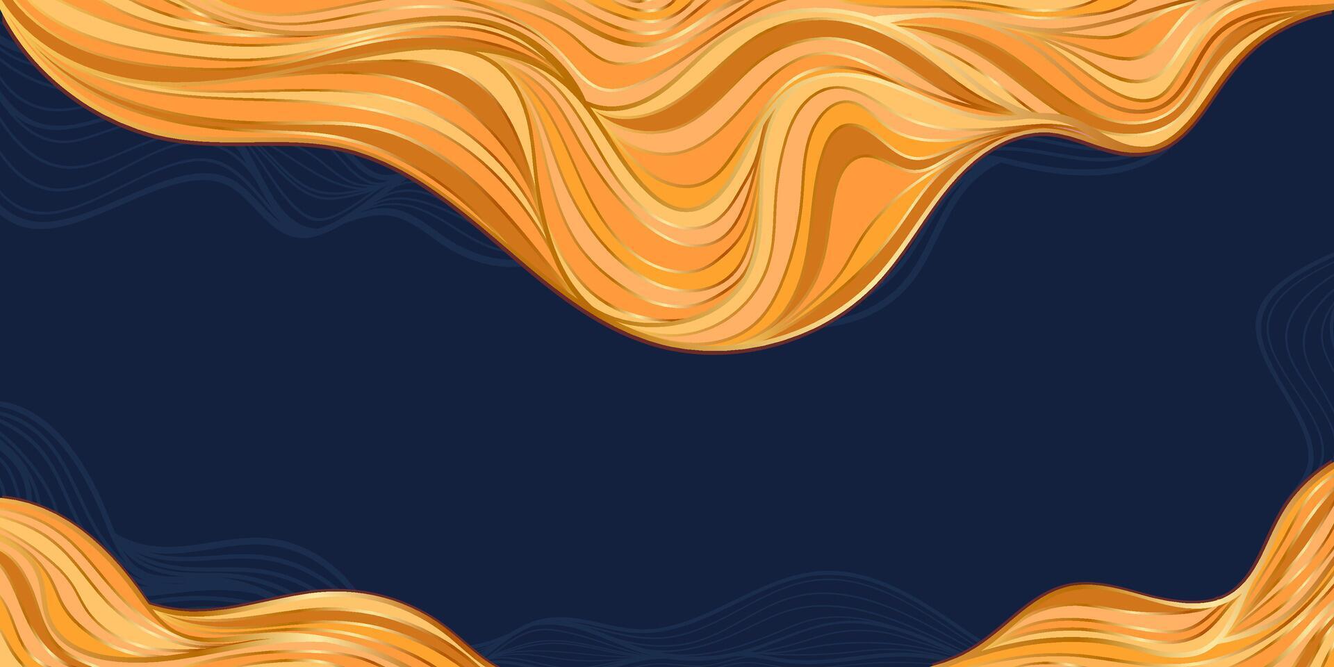 Abstract Luxury Background with Liquid Gold Lines. Japanese banner with golden sea waves with plants and leaves. Wedding card vector