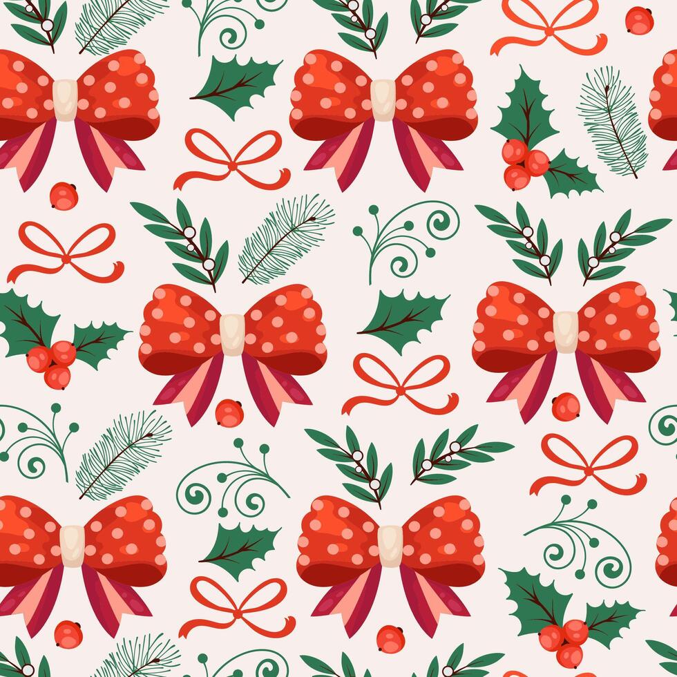 Christmas Seamless Pattern with Red Polka-Dot Bows, Holly Leaves, and Evergreen Sprigs on a Cream Background. Repeated holiday pattern design perfect for print, cards, banners, wrapping paper, fabric vector