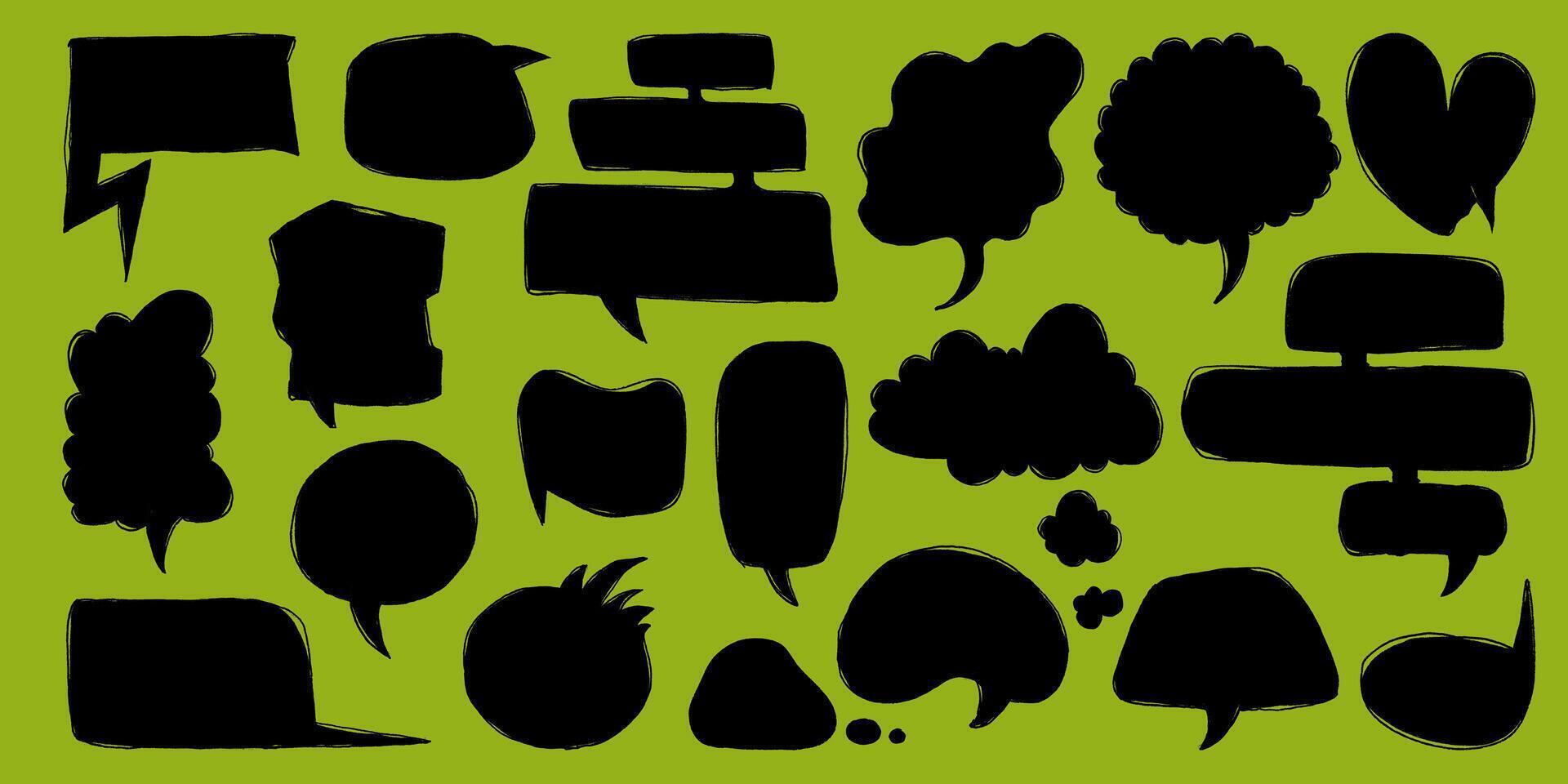 Black Chat Bubbles in Cartoon Style. Speech chatting boxes drawn with pencil. Abstract and simple figures. Irregular dynamic shapes. Modern asymmetric sketch spots vector