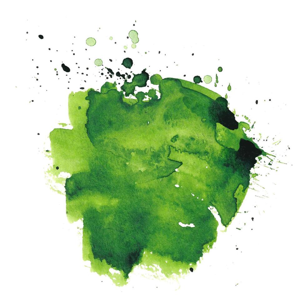 Hand Painted Green Watercolor Abstract Splash Isolated on White Background. Fluid organic shape with drops. Modern splatter with vibrant colors vector