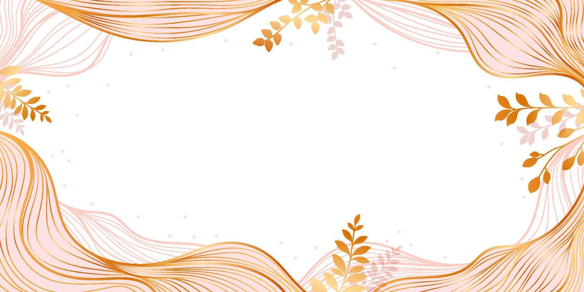 Abstract Luxury Background with Gold Line Waves and Foliage. Hand drawn Japanese banner with golden sea waves with plants and leaves. Wedding card vector