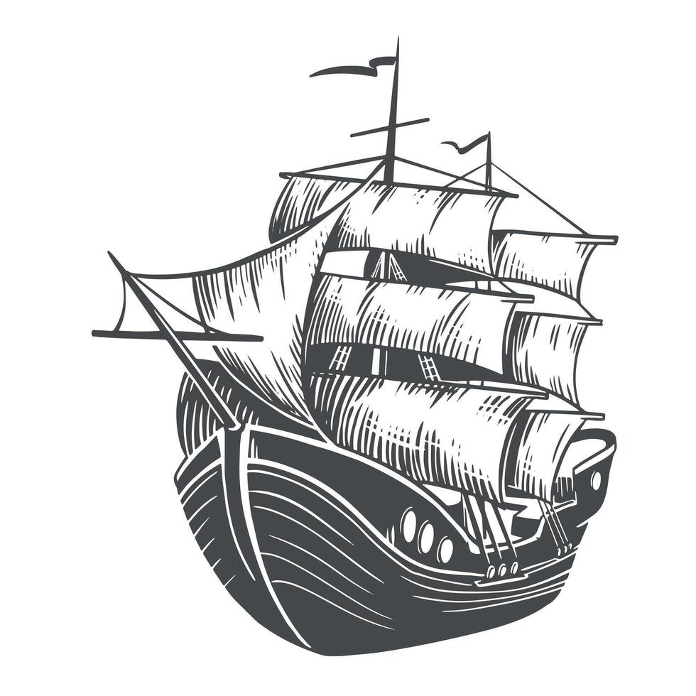 Ship sketch. Sailboat with raised sails. illustration in engraving style isolated on white background. Sea vessel for retro design. vector