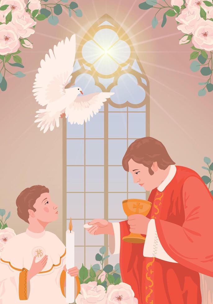 A boy in a suit during the first communion. A priest holds bread, a manifestation of the holy spirit in the form of a white radiant dove. Church member receiving the Eucharist vector