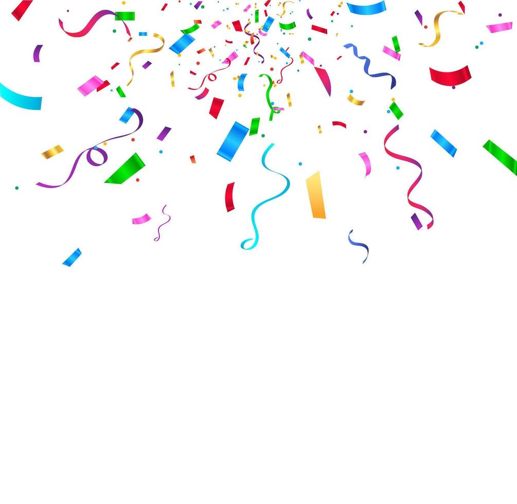 Celebration background template with colorful confetti and ribbons. Holiday poster concept. Festive colorful confetti isolated vector