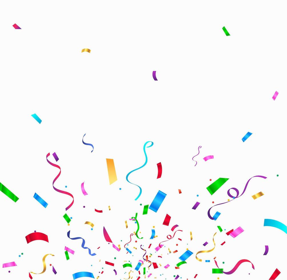 Celebration background template with colorful confetti and ribbons. Bright falling tinsel. vector