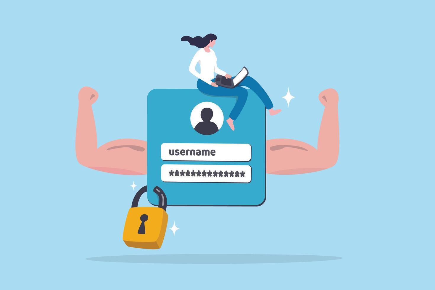 Strong password, security, safety or protection strength, firewall technology, privacy or digital defense system, secure access concept, businesswoman working with computer strong password protection. vector