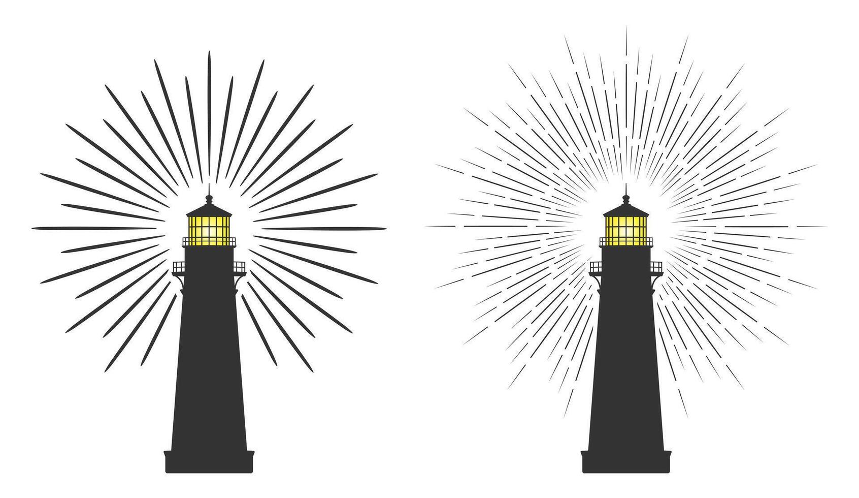 Lighthouse icon symbol shape set. Light house logo sign collection. Navigation Shore light beacon. light house with light rays silhouette illustration. Isolated on white background. vector