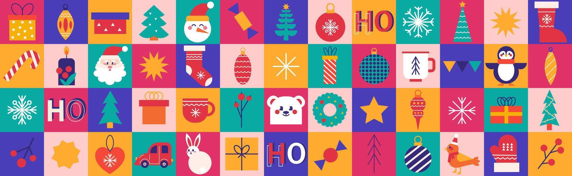 Merry Christmas and Happy New Year icons geometric modern background. Holiday season, contemporary abstract elements. Modern design for banner, poster, card, wallpaper vector