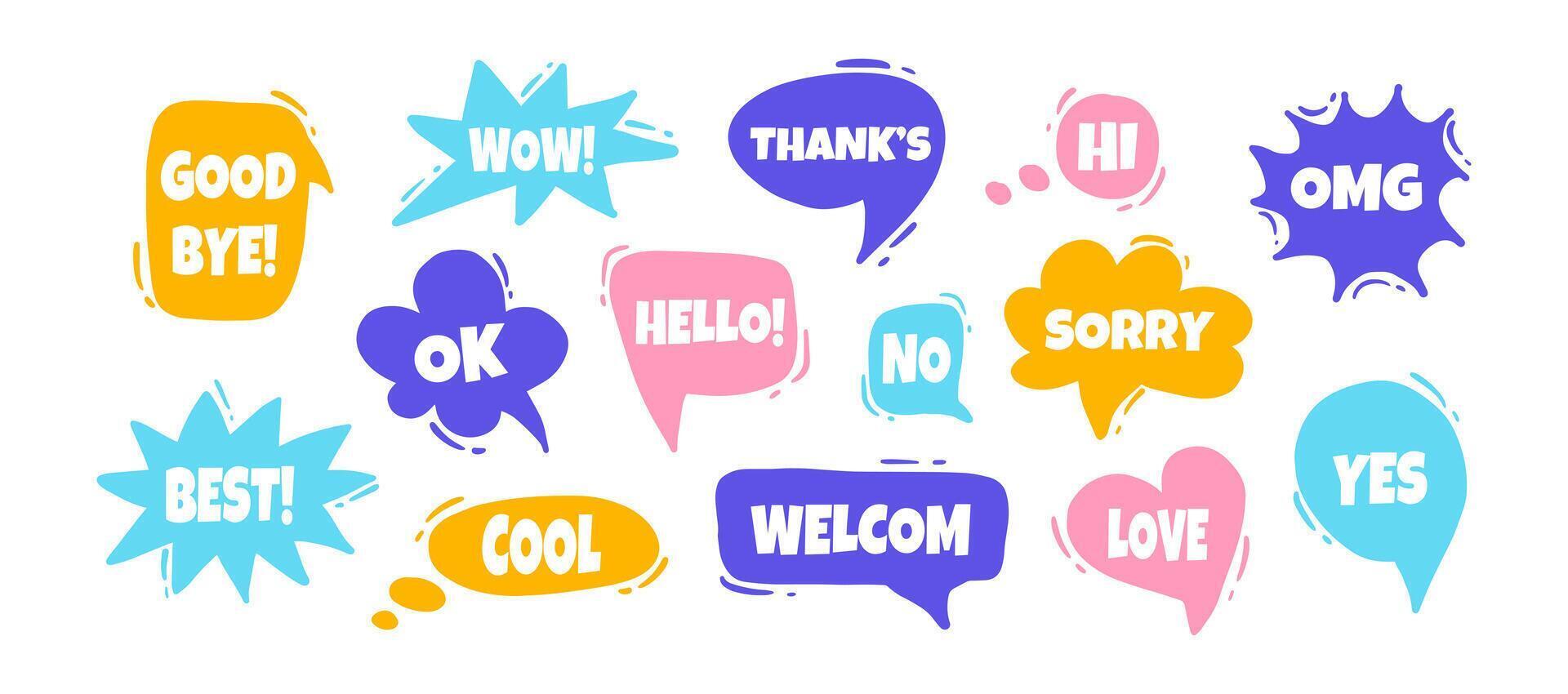 Colorful set of speech bubbles. Various forms of windows, clouds for chat, messages with phrases. elements for text on white background vector