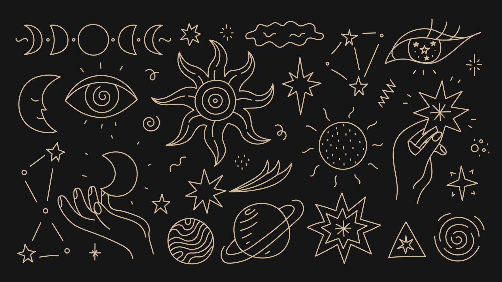 Golden Cosmic Doodle Elements Set vector