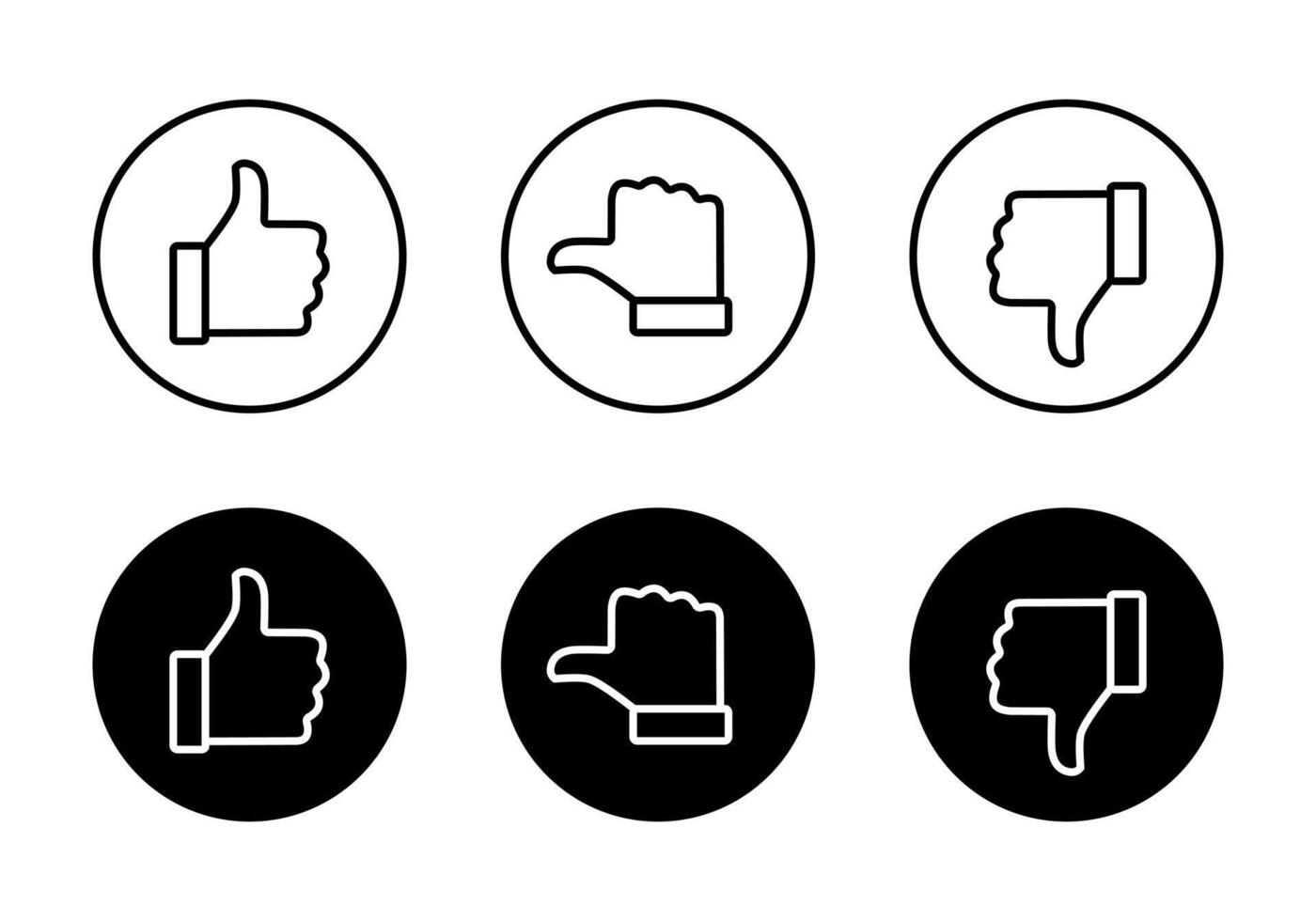 Like, neutral, and dislike hand outline icon on black circle. Thumb up, middle, and down sign symbol vector