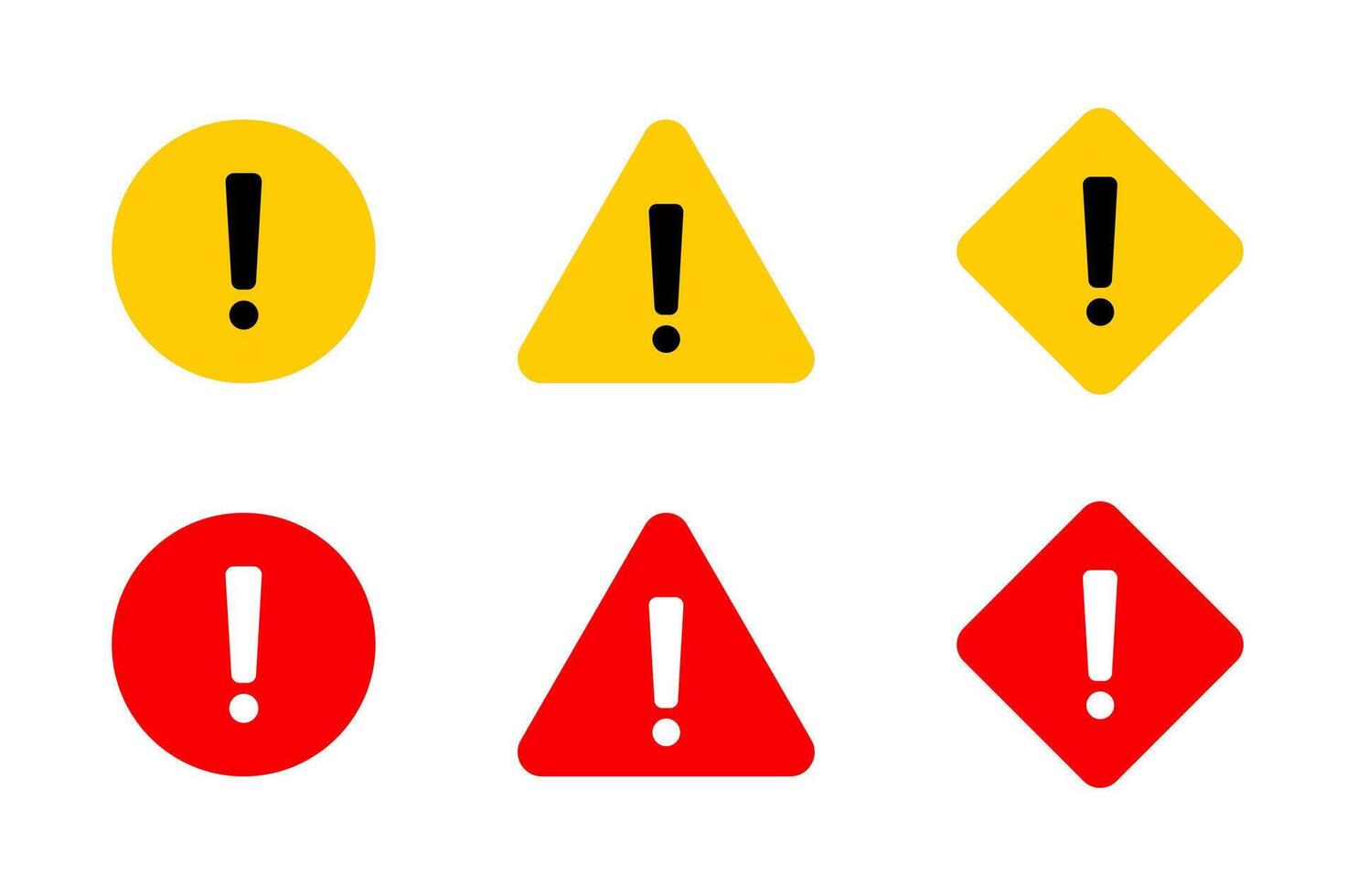 Warning sign, caution icon set in flat design. Attention, danger symbol vector