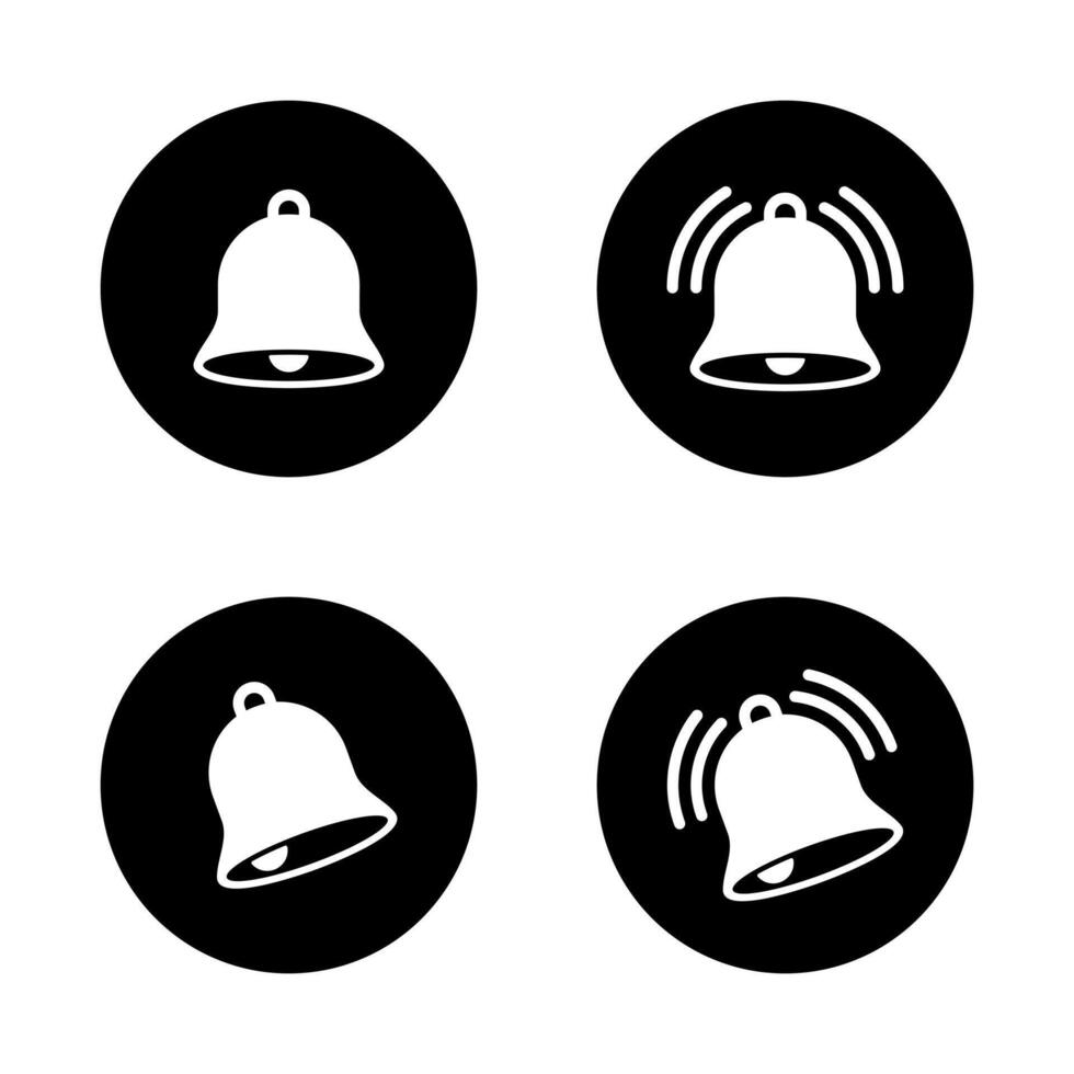 Notification bell icon set on black circle. Alarm reminder sign symbol vector