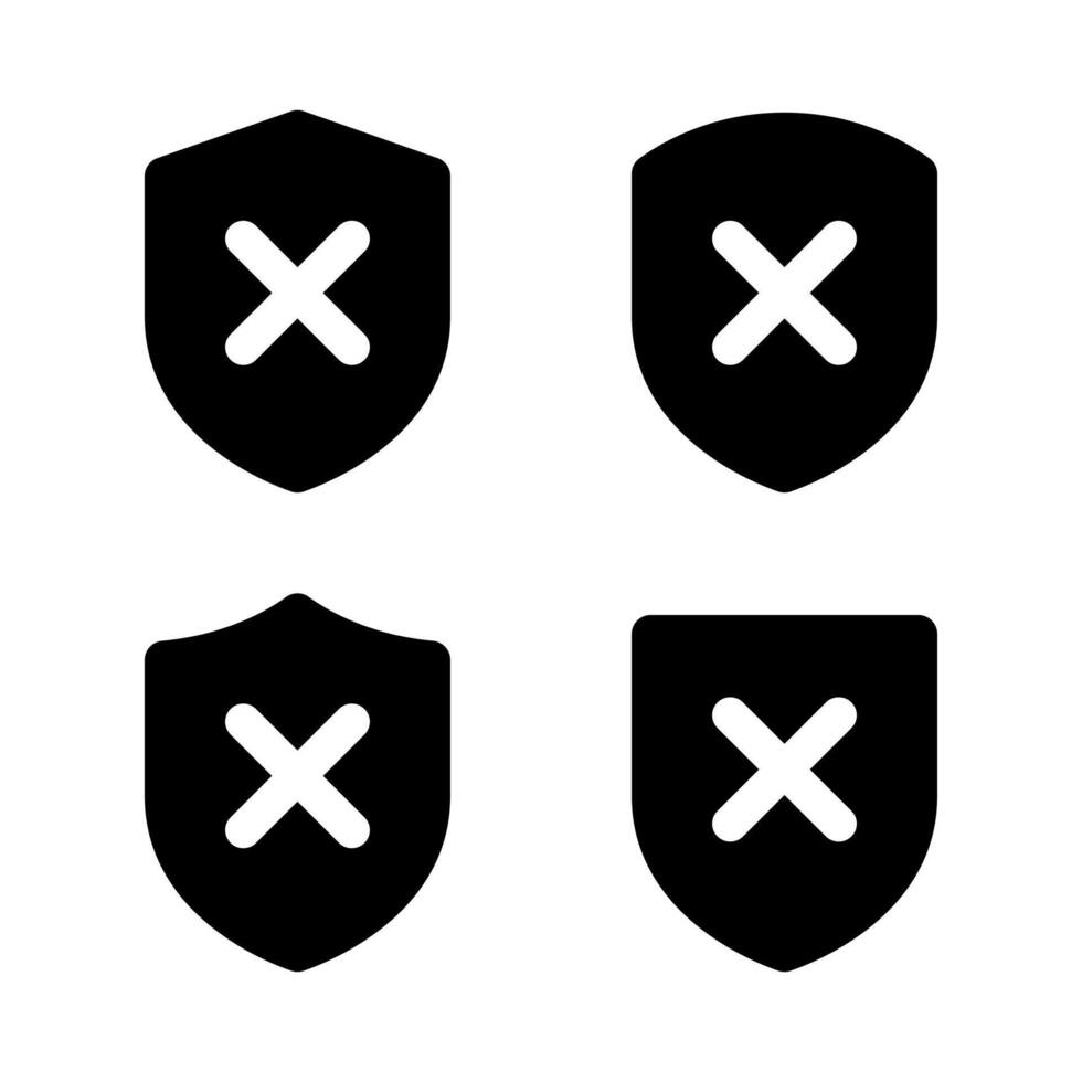 Shield with cross mark icon. Unsafe, no security sign symbol vector