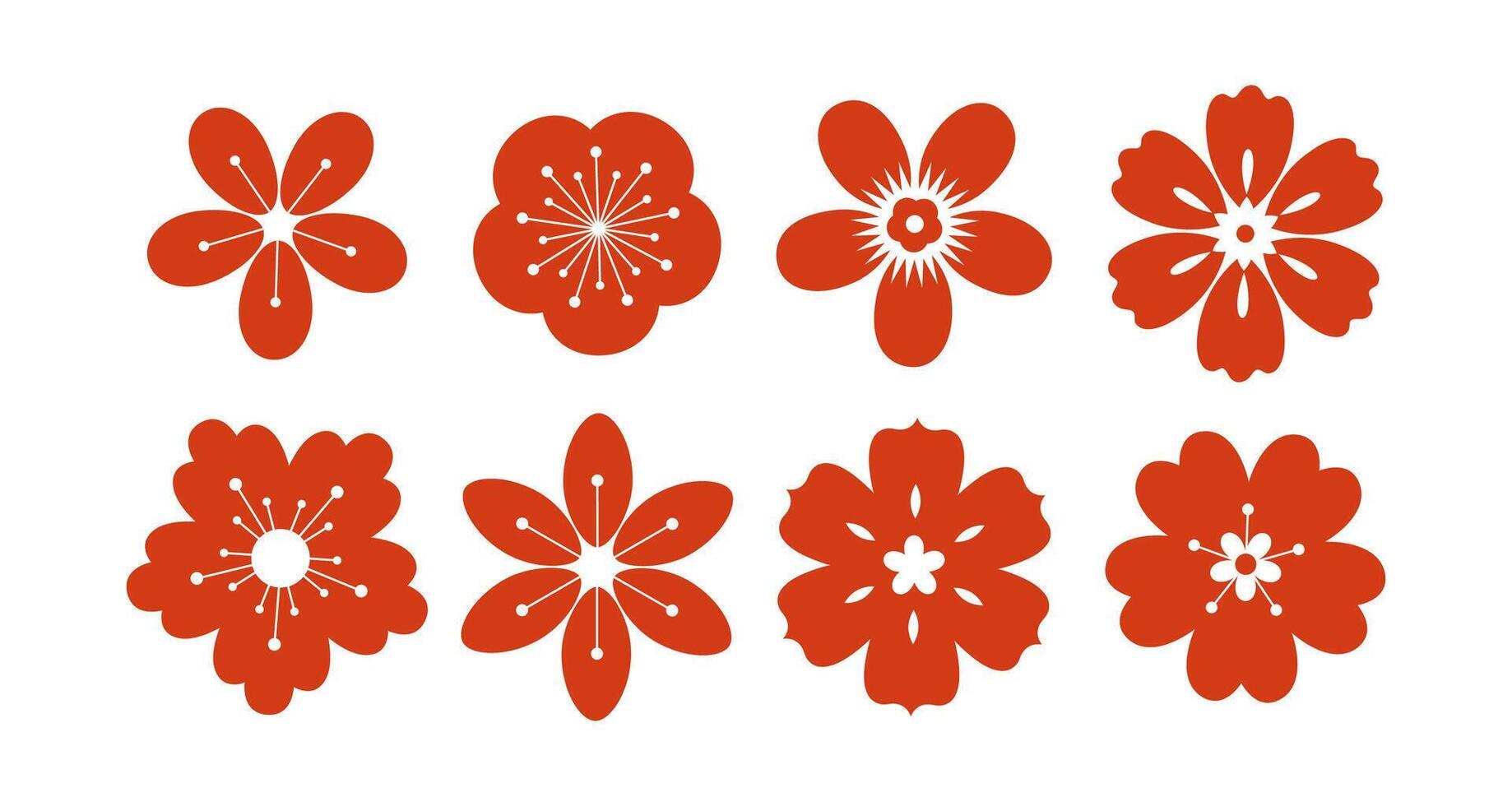 Set of asian flowers in chinese and japanese style. Flat illustration. vector