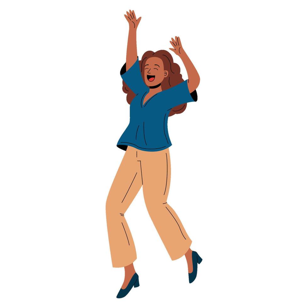 Cheerful woman leaping high in celebration, expressing happiness and success. vector