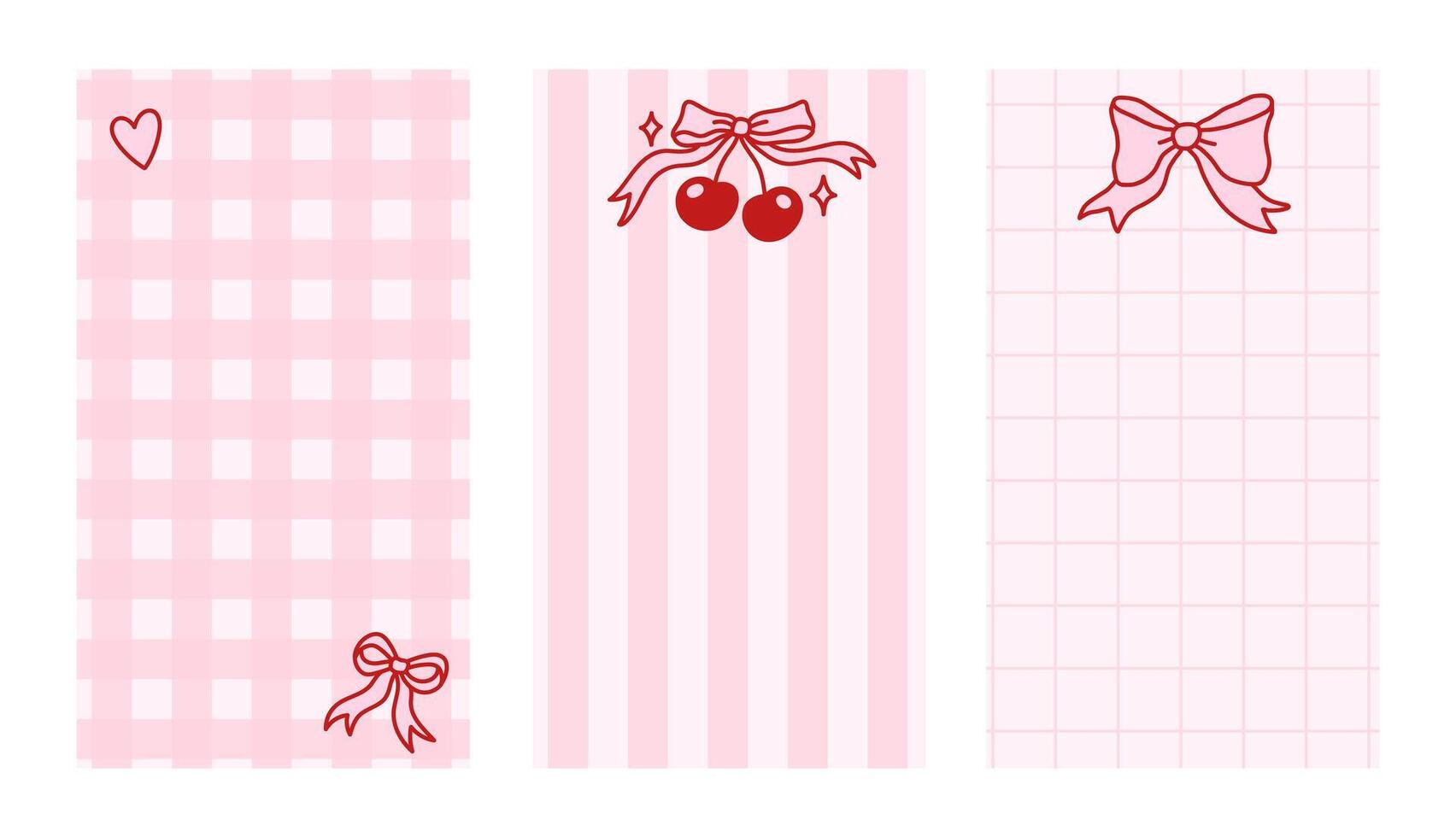 Trendy stories templates for social media. Set of vertical frames with coquette pretty charming bows, heart, cherry berry, stars. Vintage checkered and striped background vector