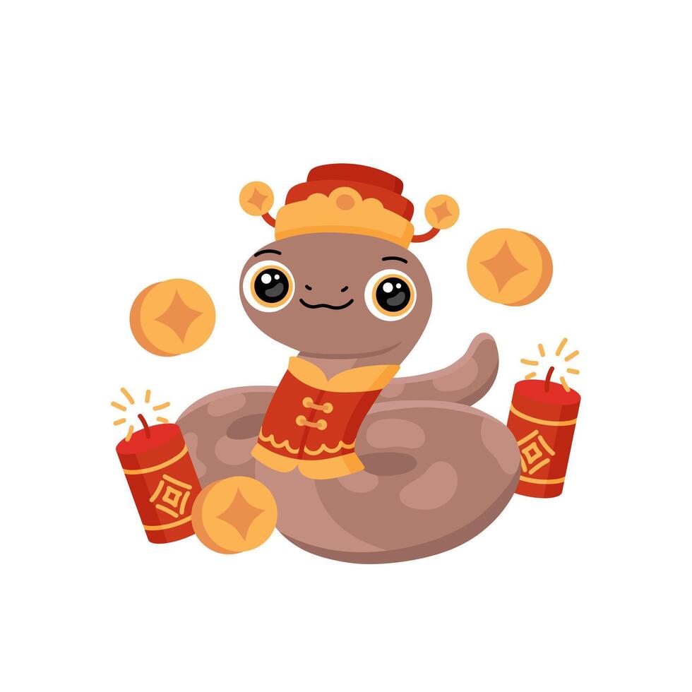 Funny animal character snake with fireworks and coins. Chinese New Year 2025 year symbol. Asian zodiac sign. Illustration isolated on white background vector