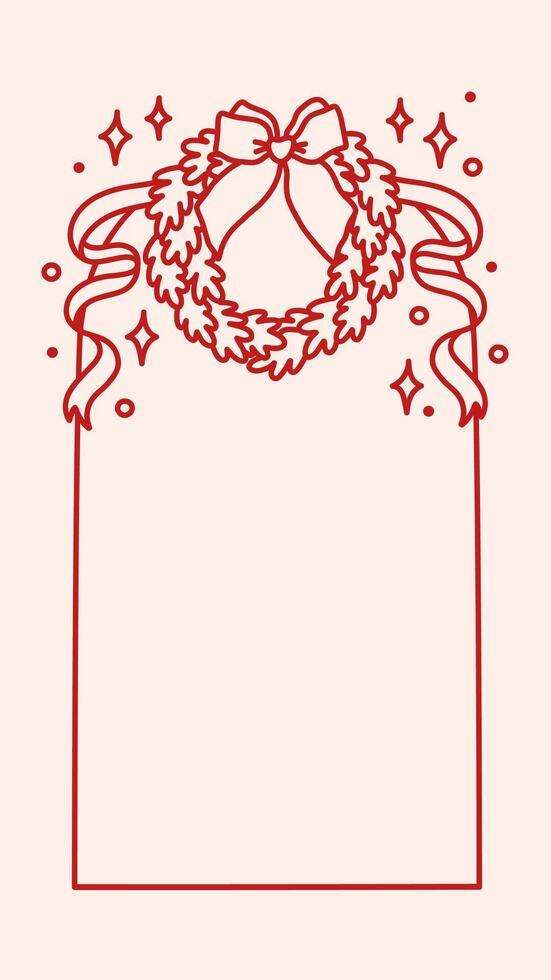 Christmas frame with coquette pretty charming bow, spruce wreath, ribbons, stars. Hand drawn holiday border or stories template. Winter vintage frame for greeting cards, invitations, social media vector