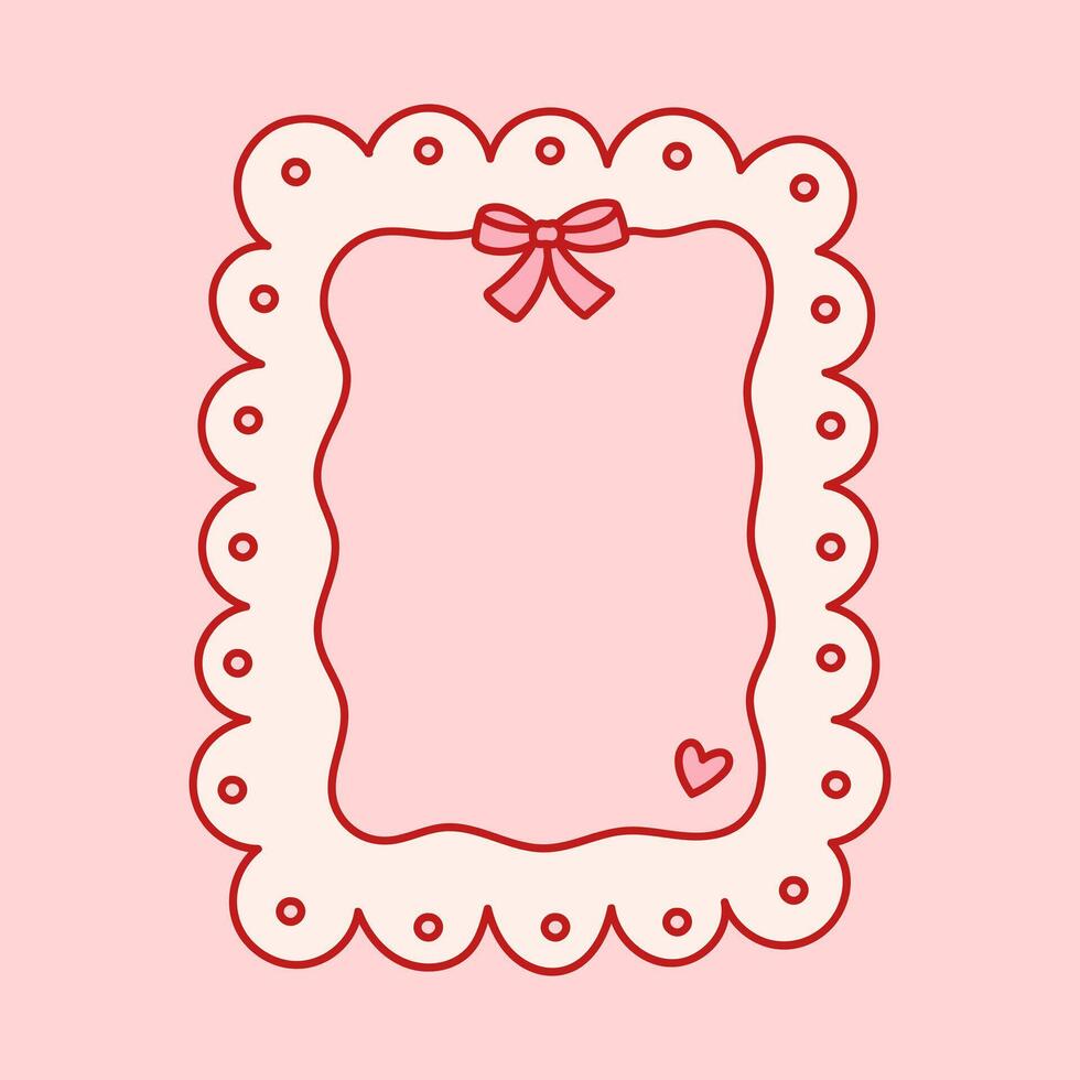 Coquette pretty charming frame with pink bow, lace and heart. Holiday trendy border. Vintage background for greeting cards, wedding, invitations, social media vector