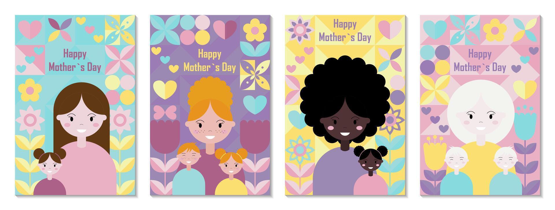 Mother's Day greeting cards set. Happy mom with kid. Scandinavian mosaic. Floral spring modern pattern. Brutalism minimal geometric design. illustration vector