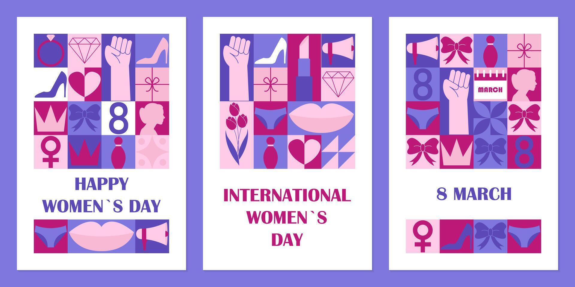 Set of greeting cards with modern geometric print for Womens Day. illustration vector