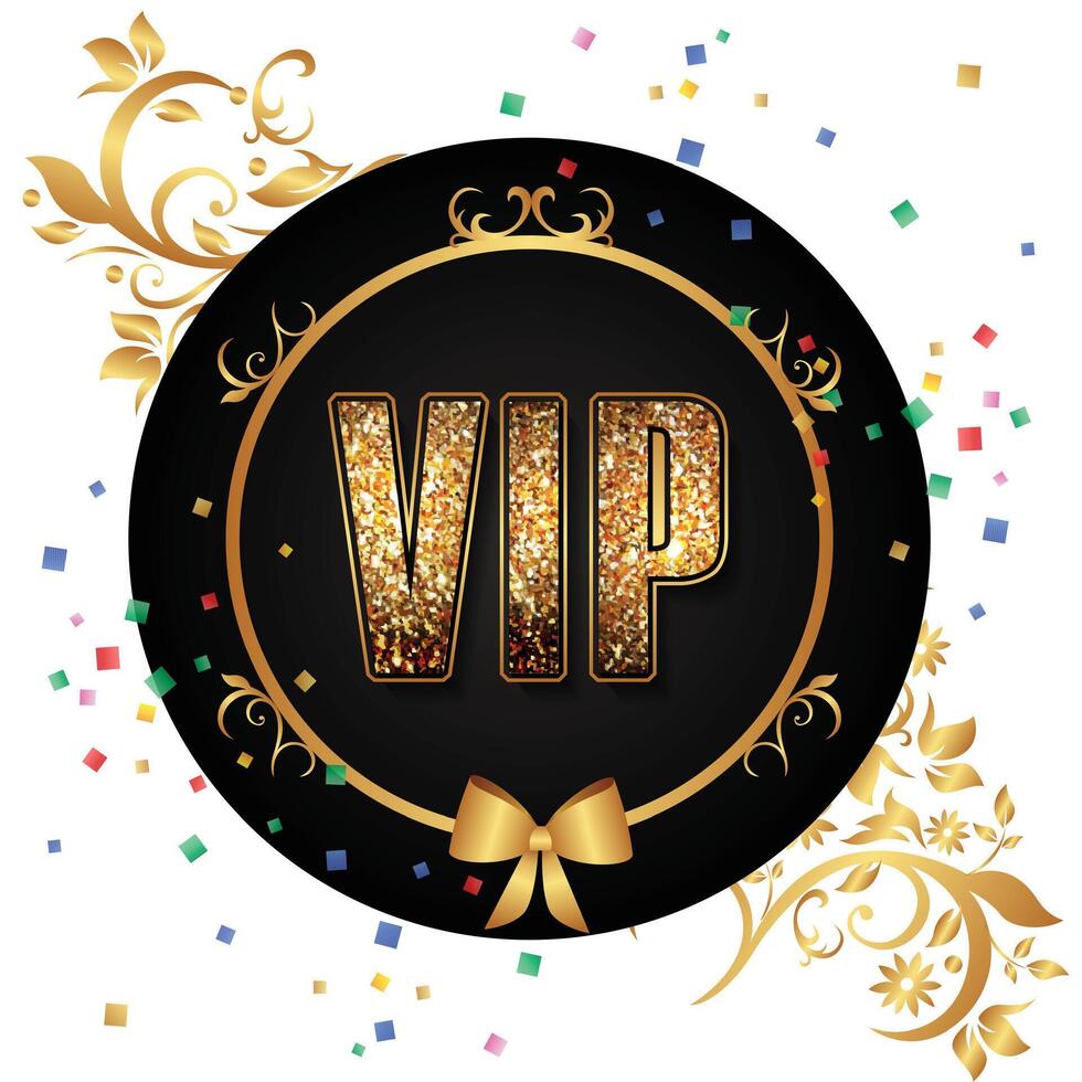 VIP text, golden glitter effect, golden shining sparkle Dark Background vector
