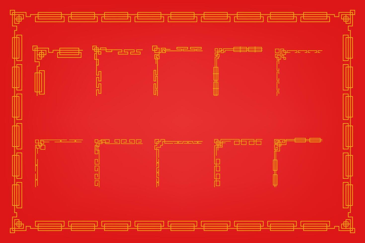 Chinese Ornament Set For Lunar Festival Decoration on Red Background and Oriental Frame vector