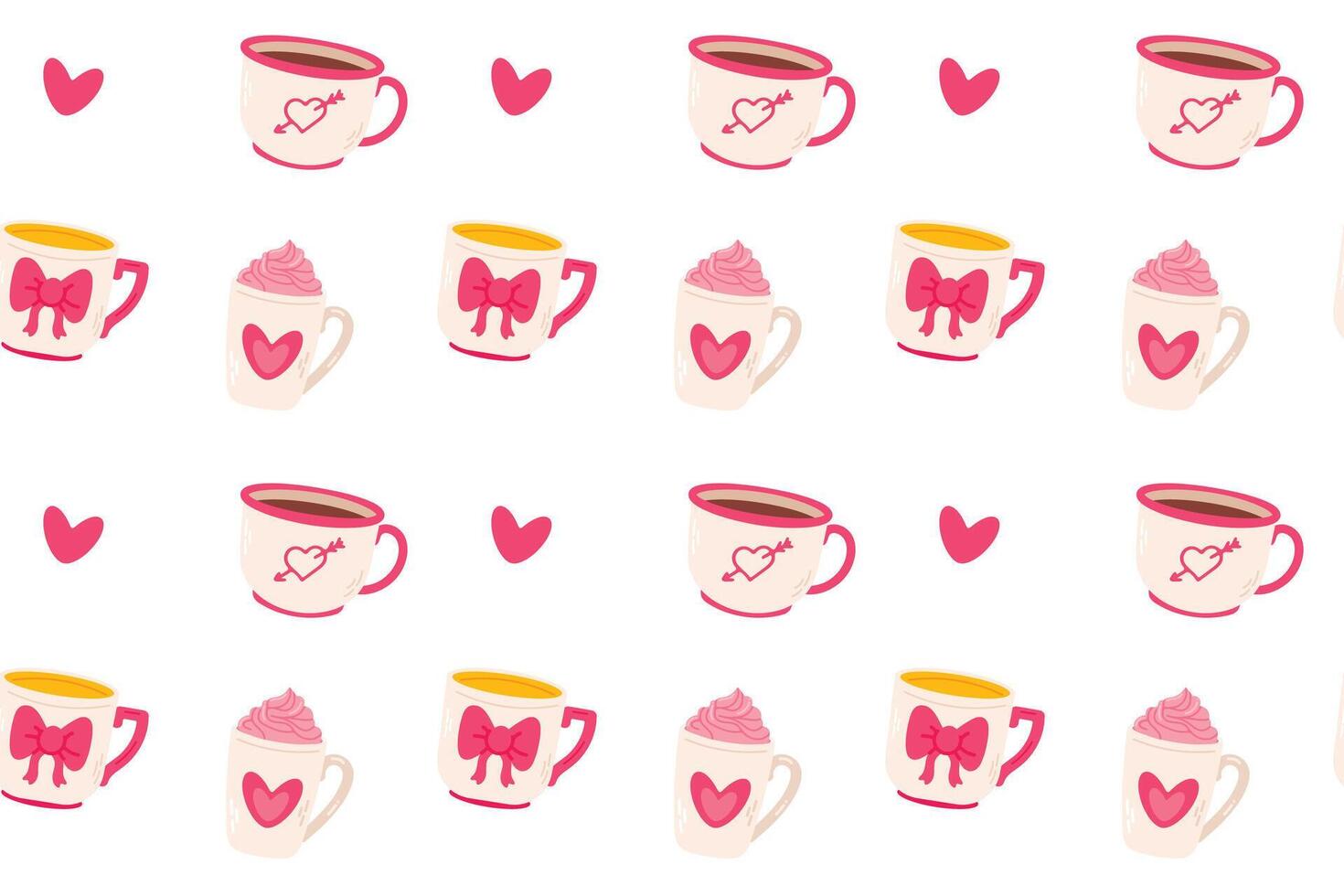 Seamless pattern with cute cups and mugs for valentines day. Flat illustration vector