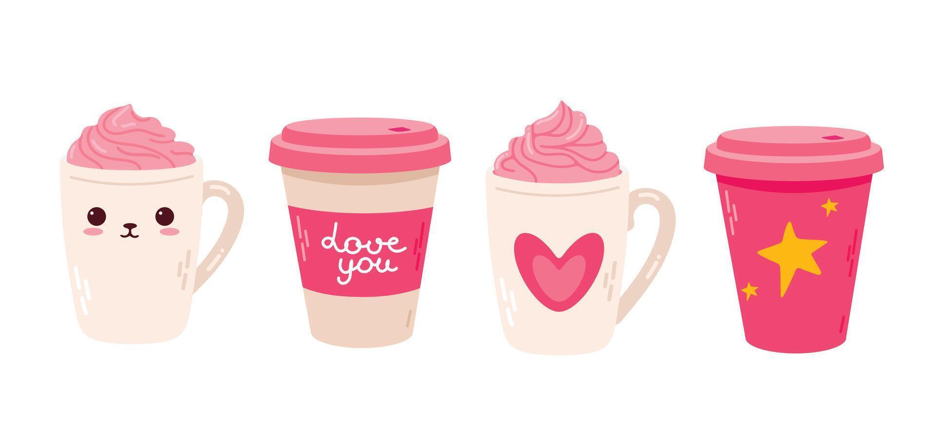 Various set of cute decorated cups and mugs for valentines day. Hot drinks. Flat illustration vector