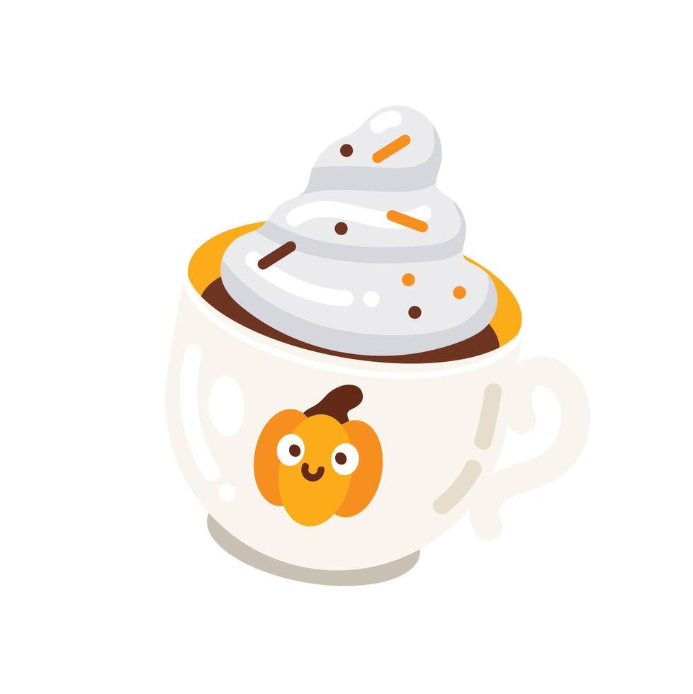 Cup of hot chocolate with marshmallow and pumpkin. Flat illustration vector