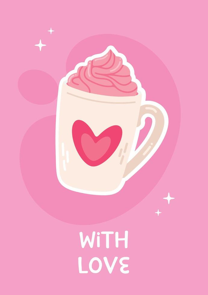 Cute Valentines day greeting card with cup on pink background vector